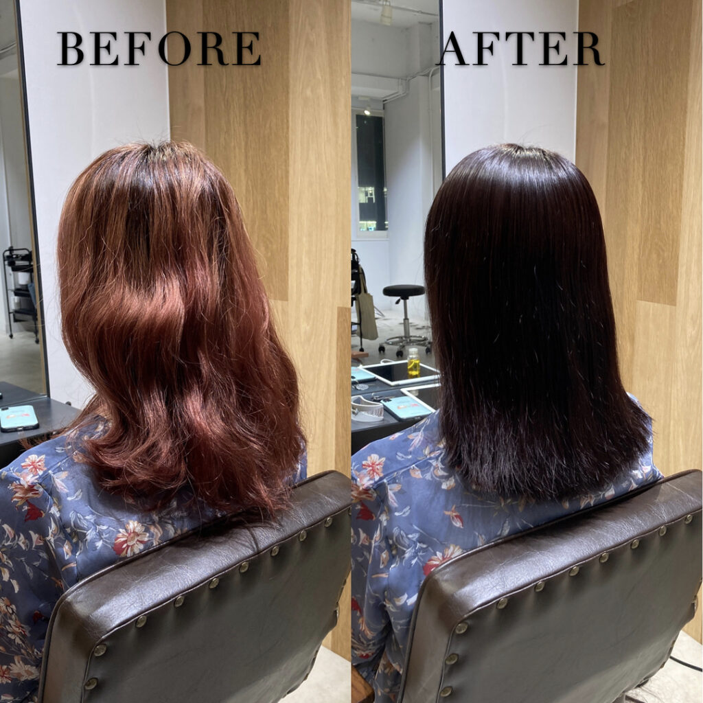 ブリーチして色落ちしやすくなった髪をブリーチリペア®︎で上品な暗髪に戻した実例
