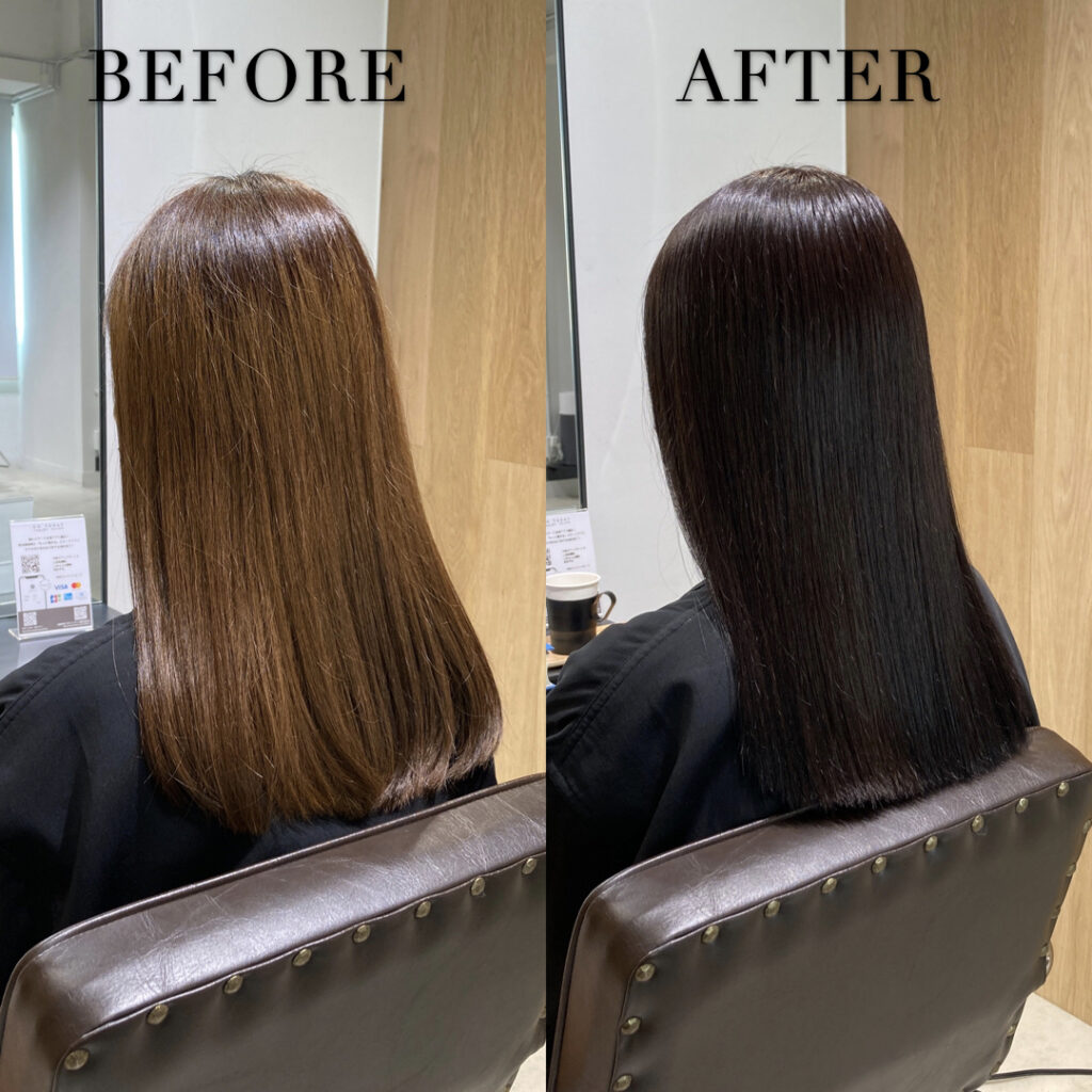 ダブルカラーが褪色して明るくなった髪をブリーチリペア®︎で均一な暗髪に整えた実例