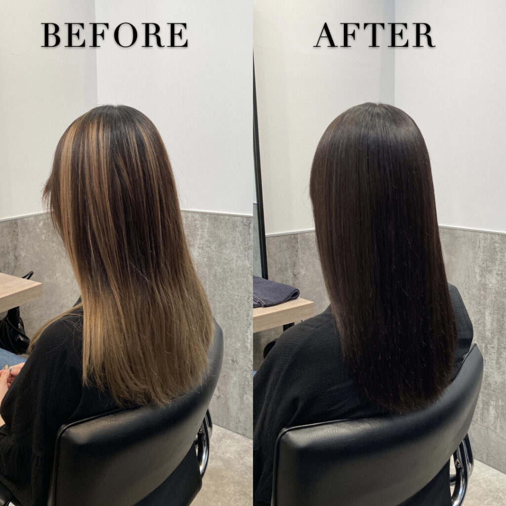 バレイヤージュをブリーチリペア®︎で均一な髪色に戻した実例