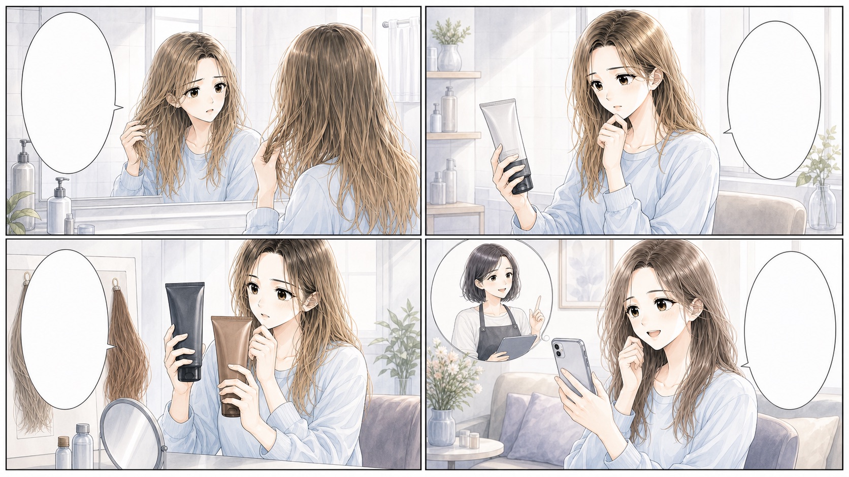 カラートリートメントを使う前の判断を4コマで解説した漫画イラスト
